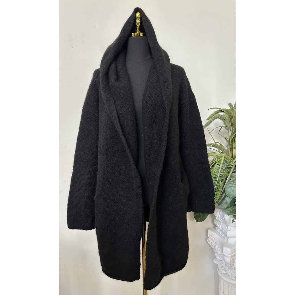 Peruvian Connection XL Black Alpaca Hooded Blanket Coatigan Fluffy Sweater Coat